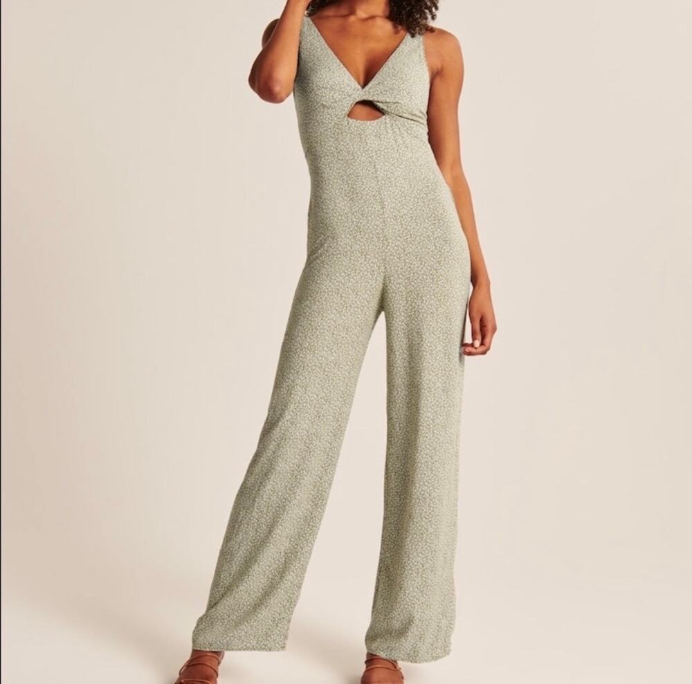 Abercrombie Green Ditsy Floral Print Wide Leg Cottagecore Jumpsuit Size Large